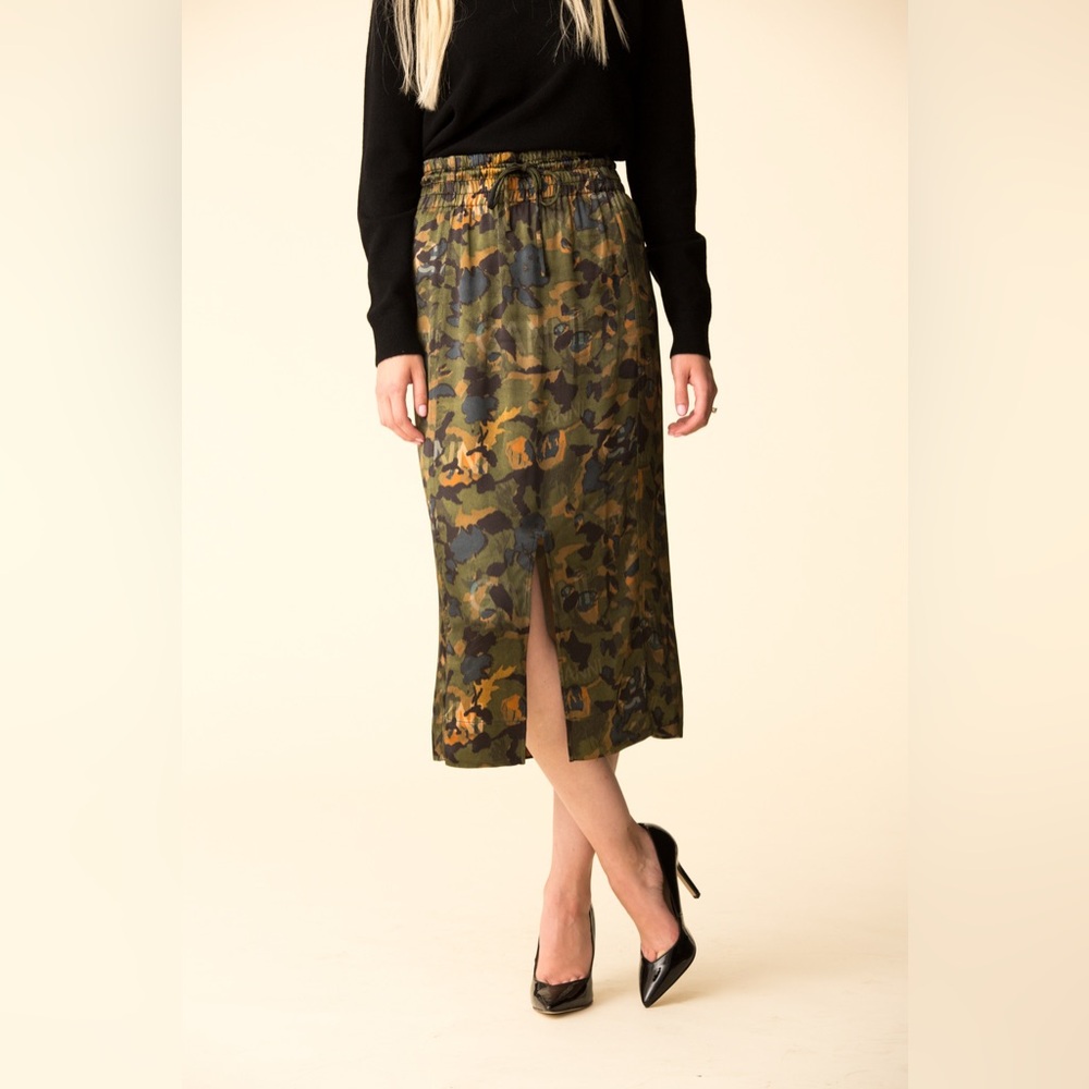 Ganni Heavy Satin Camouflage Green Floral Spellout Slit Pull On Elastic Waist